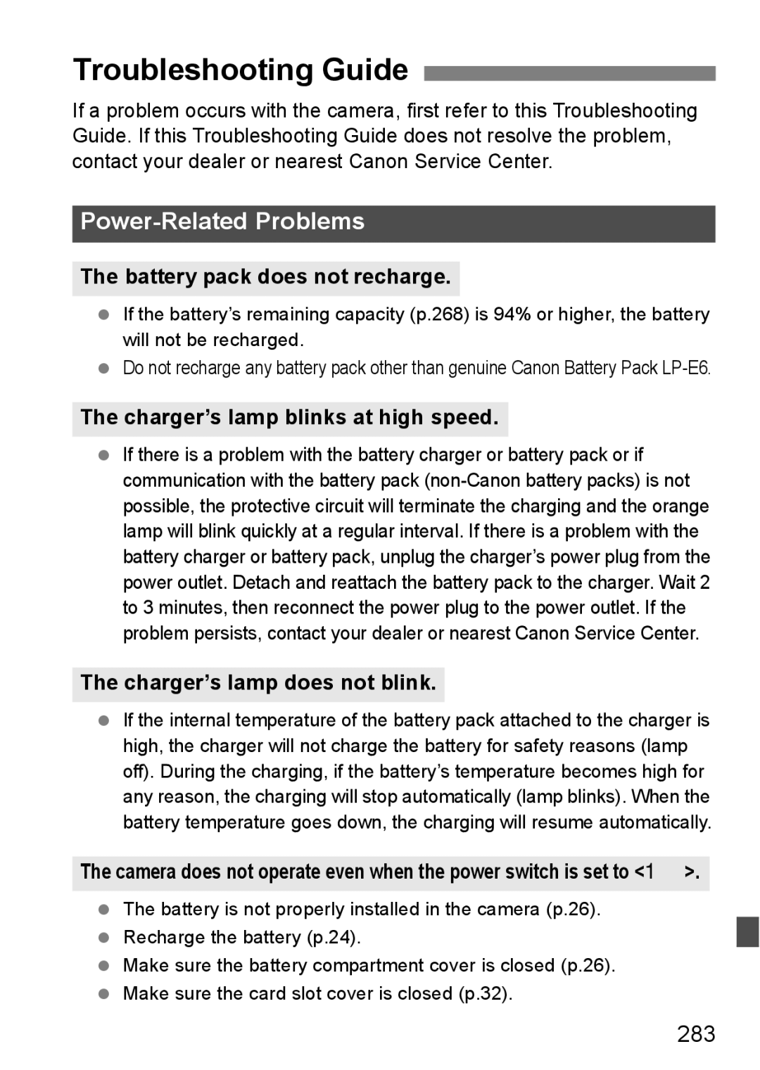 Canon 60D Troubleshooting Guide, 283, Battery pack does not recharge, Charger’s lamp blinks at high speed 