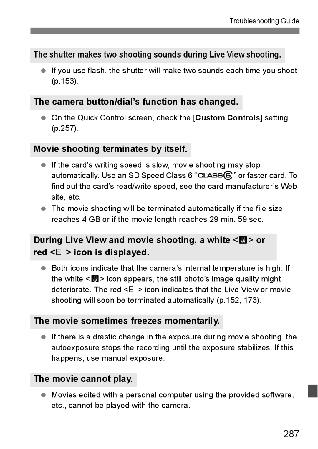 Canon 60D 287, Camera button/dial’s function has changed, Movie shooting terminates by itself, Movie cannot play 