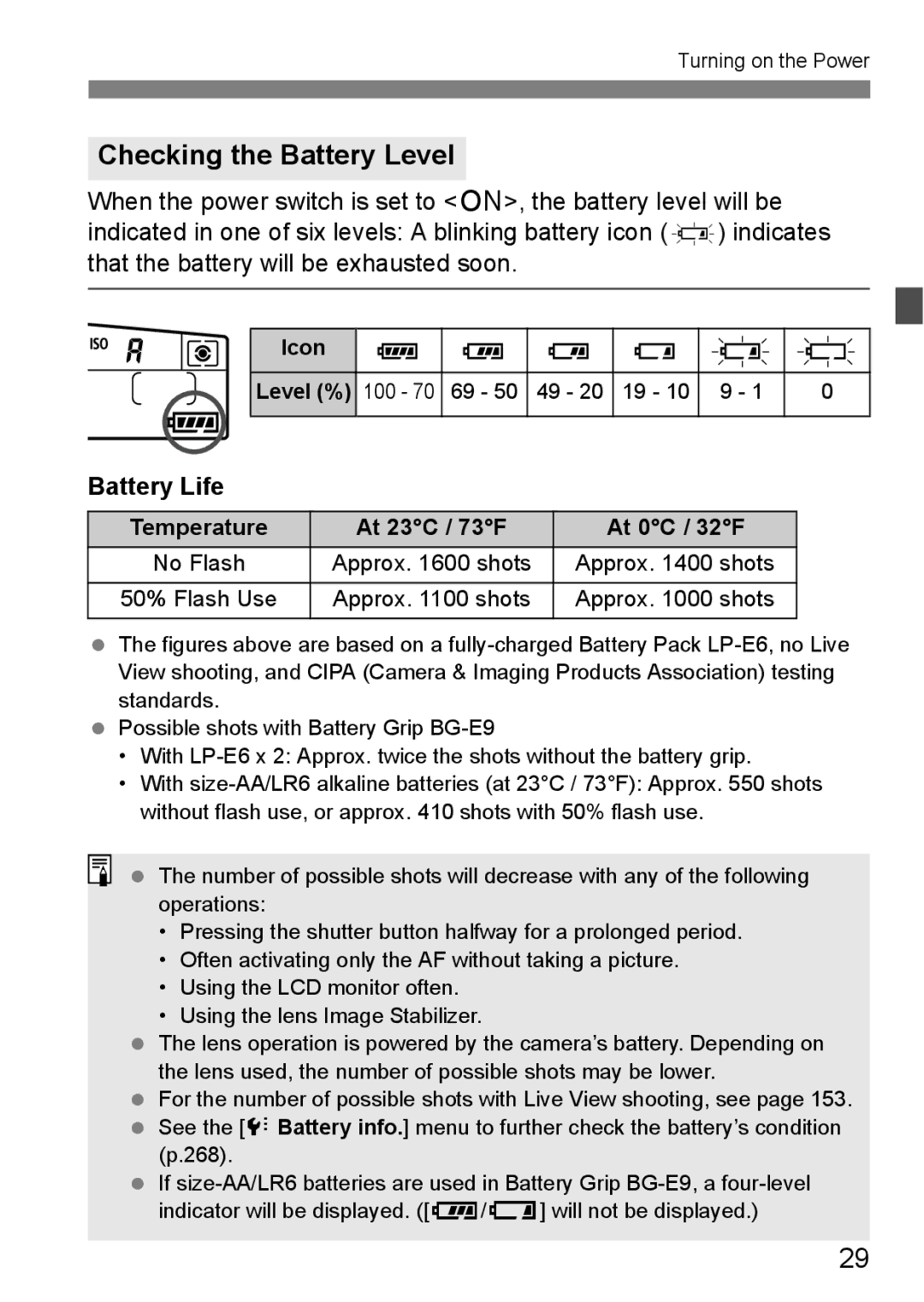 Canon 60D instruction manual Checking the Battery Level, Battery Life, At 23C / 73F 