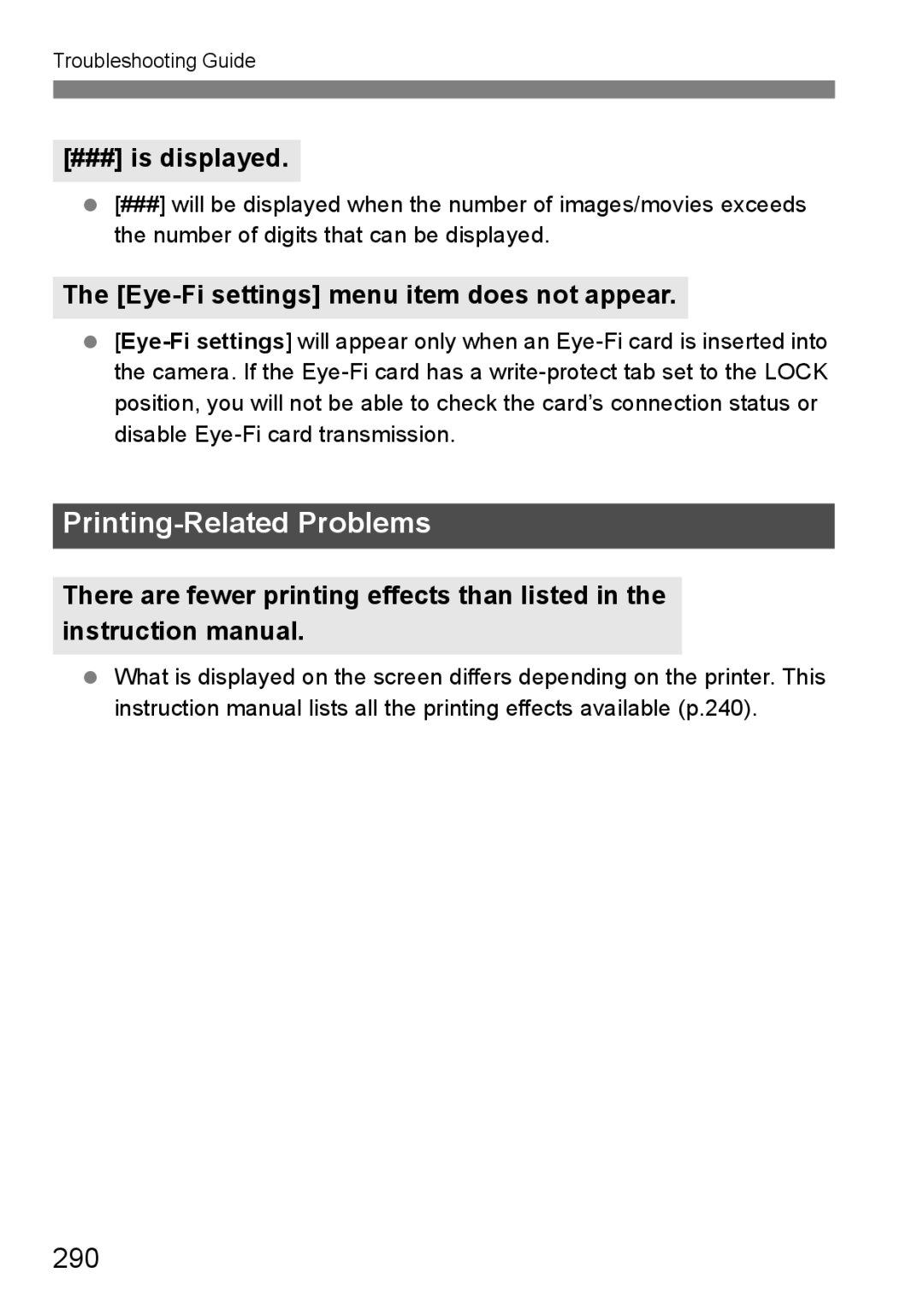 Canon 60D instruction manual 290, ### is displayed, Eye-Fi settings menu item does not appear 