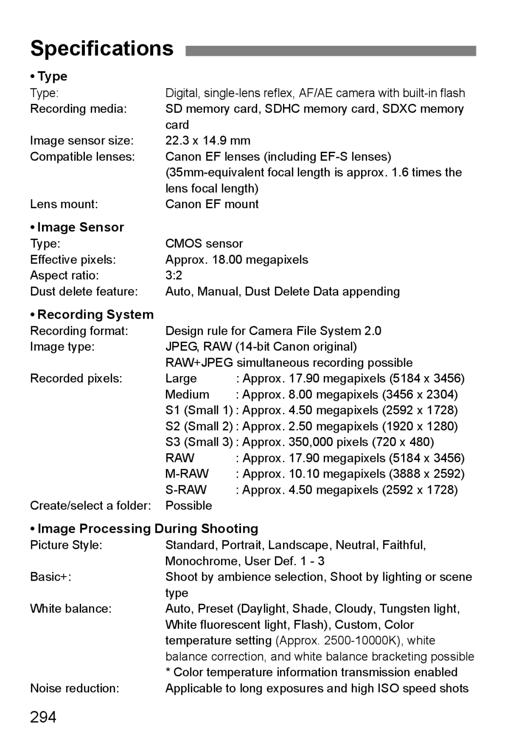 Canon 60D instruction manual Specifications, 294 