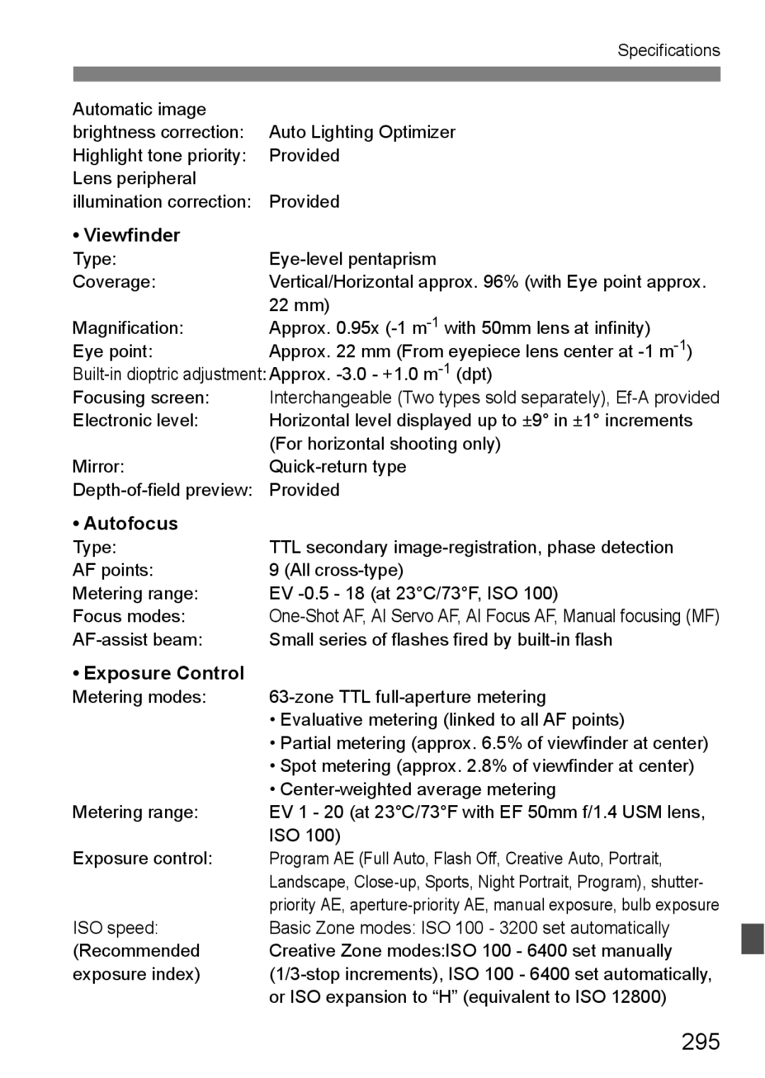 Canon 60D instruction manual 295, Viewfinder, Autofocus, Exposure Control 