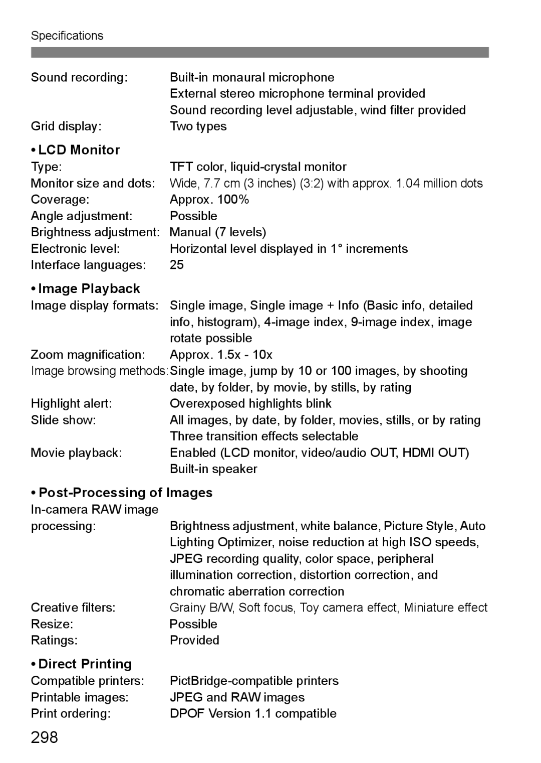 Canon 60D instruction manual 298, LCD Monitor, Image Playback, Post-Processing of Images, Direct Printing 