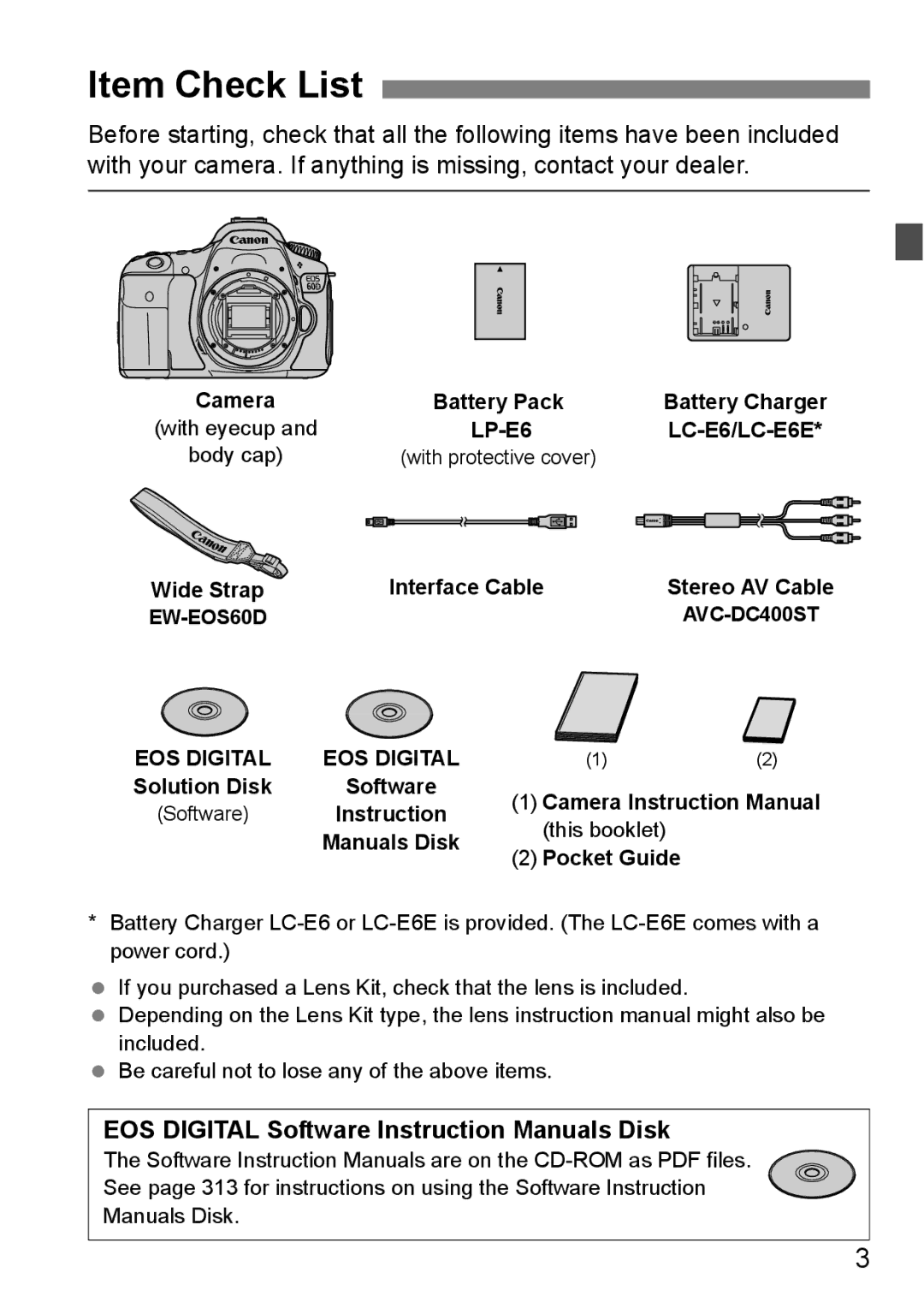 Canon 60D instruction manual Item Check List 