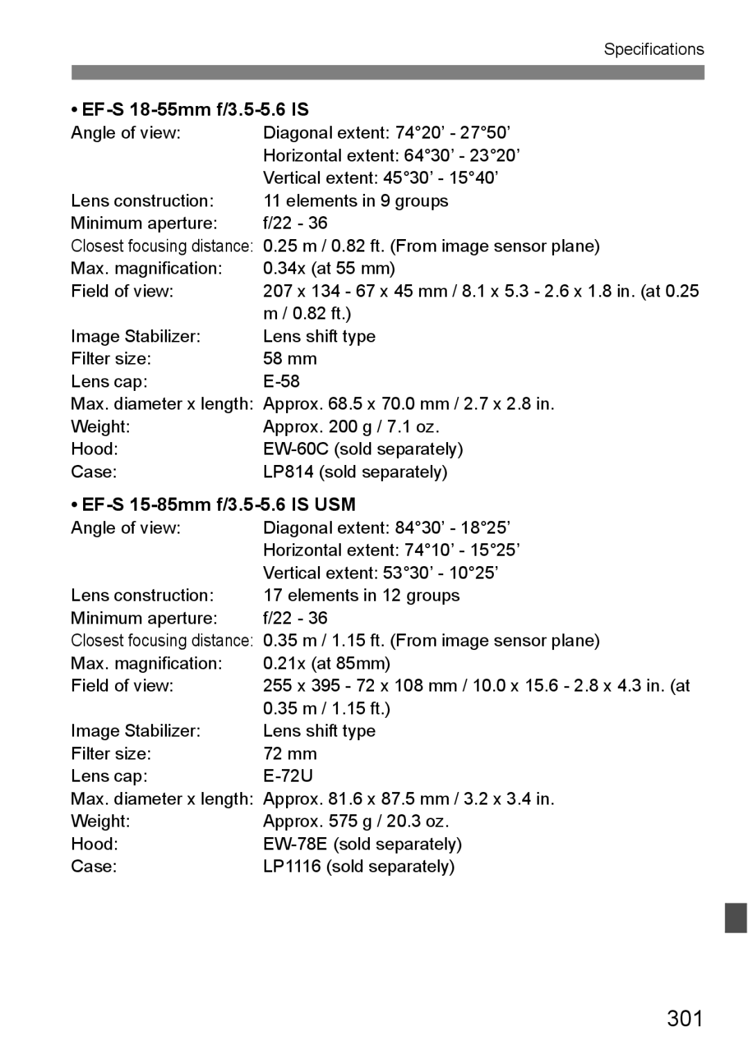 Canon 60D instruction manual 301, EF-S 18-55mm f/3.5-5.6 is, EF-S 15-85mm f/3.5-5.6 is USM 