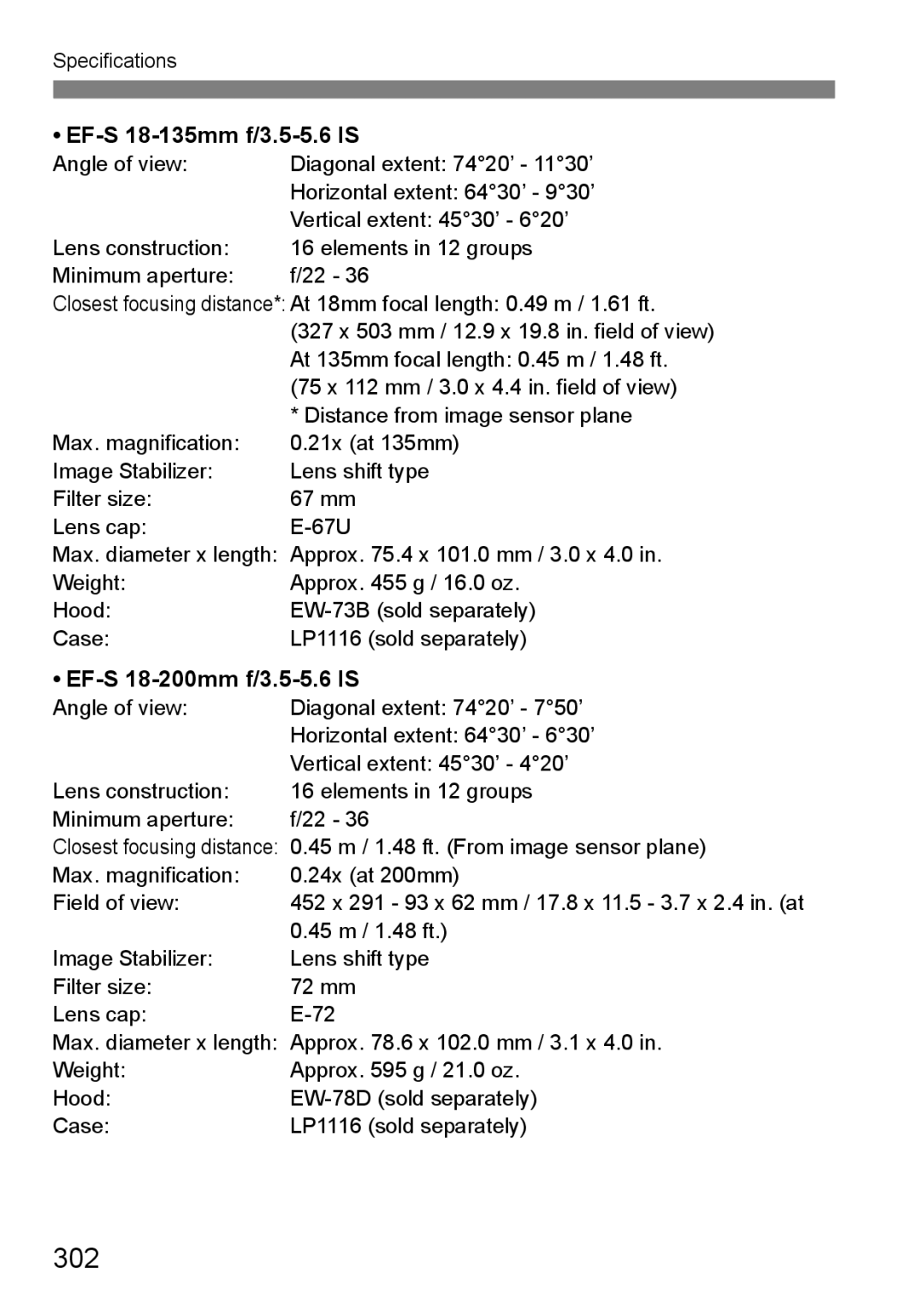 Canon 60D instruction manual 302, EF-S 18-135mm f/3.5-5.6 is, EF-S 18-200mm f/3.5-5.6 is 