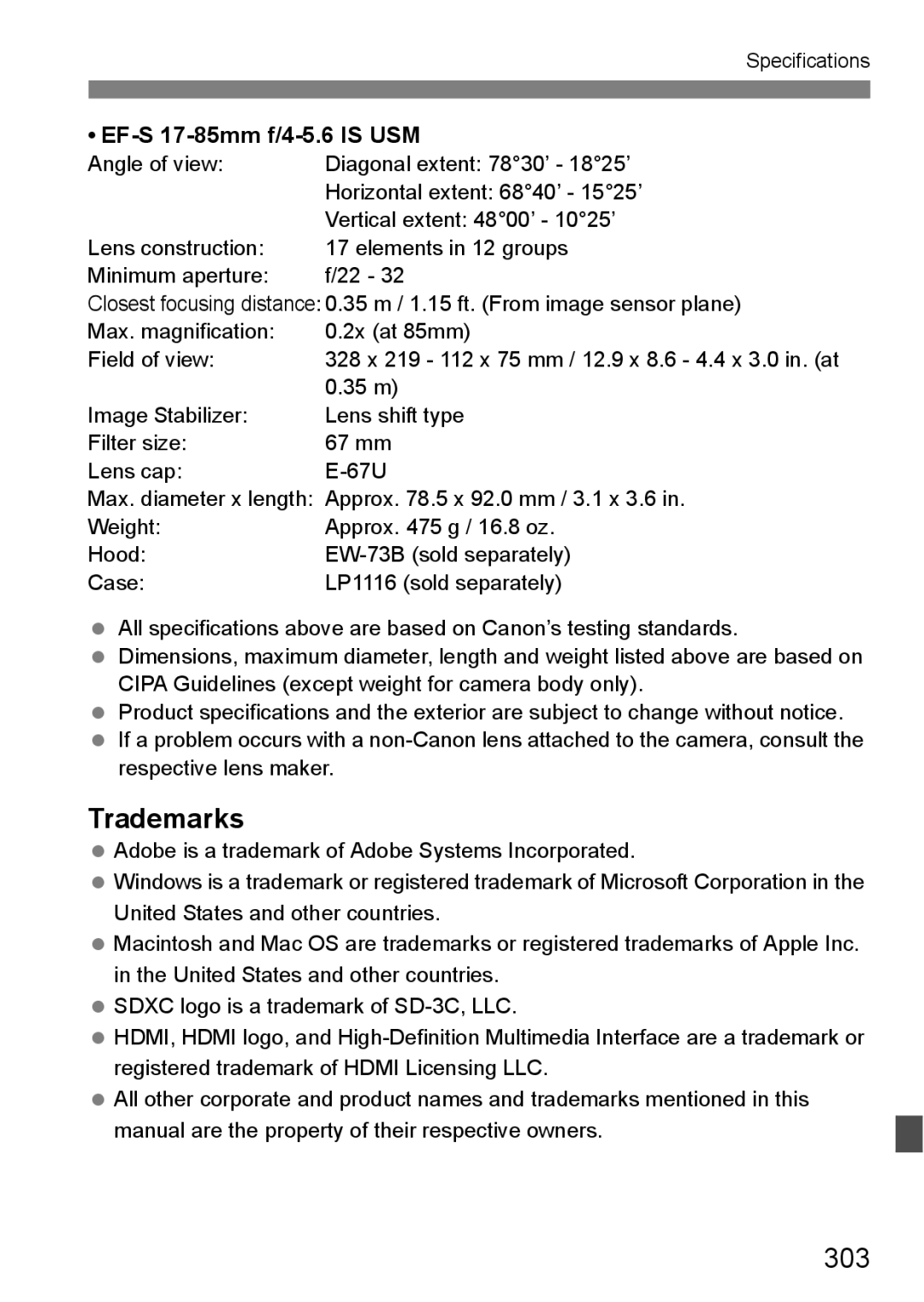 Canon 60D instruction manual Trademarks, 303, EF-S 17-85mm f/4-5.6 is USM 