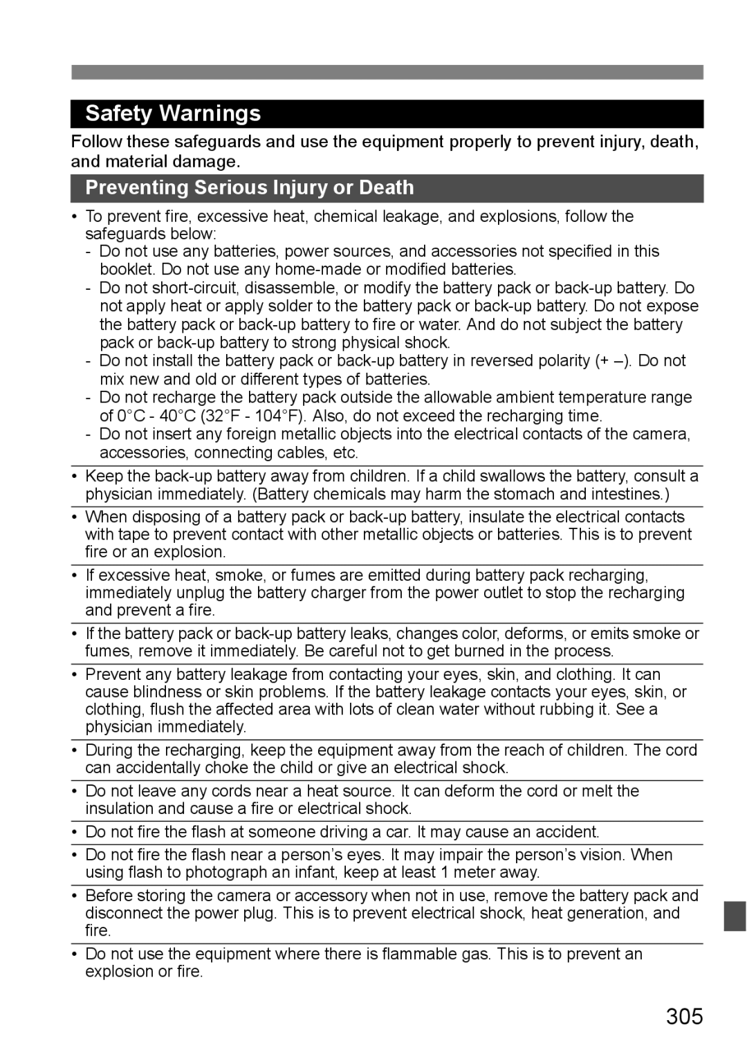 Canon 60D instruction manual Safety Warnings, 305 