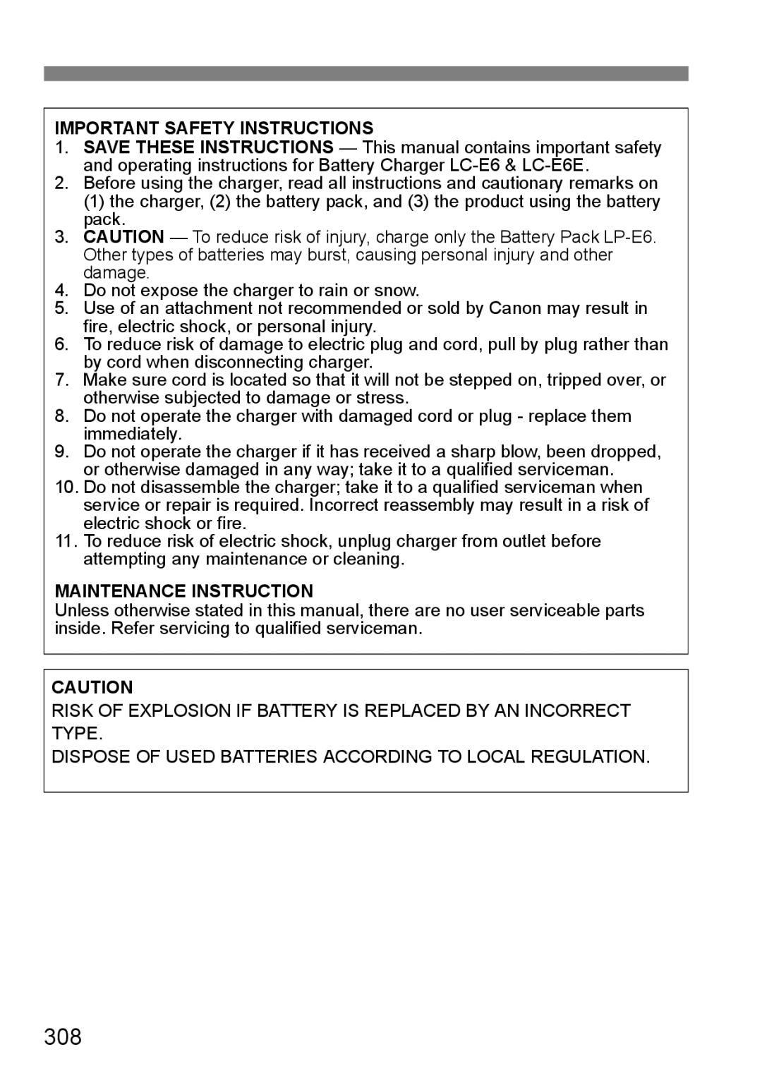 Canon 60D instruction manual 308, Important Safety Instructions 