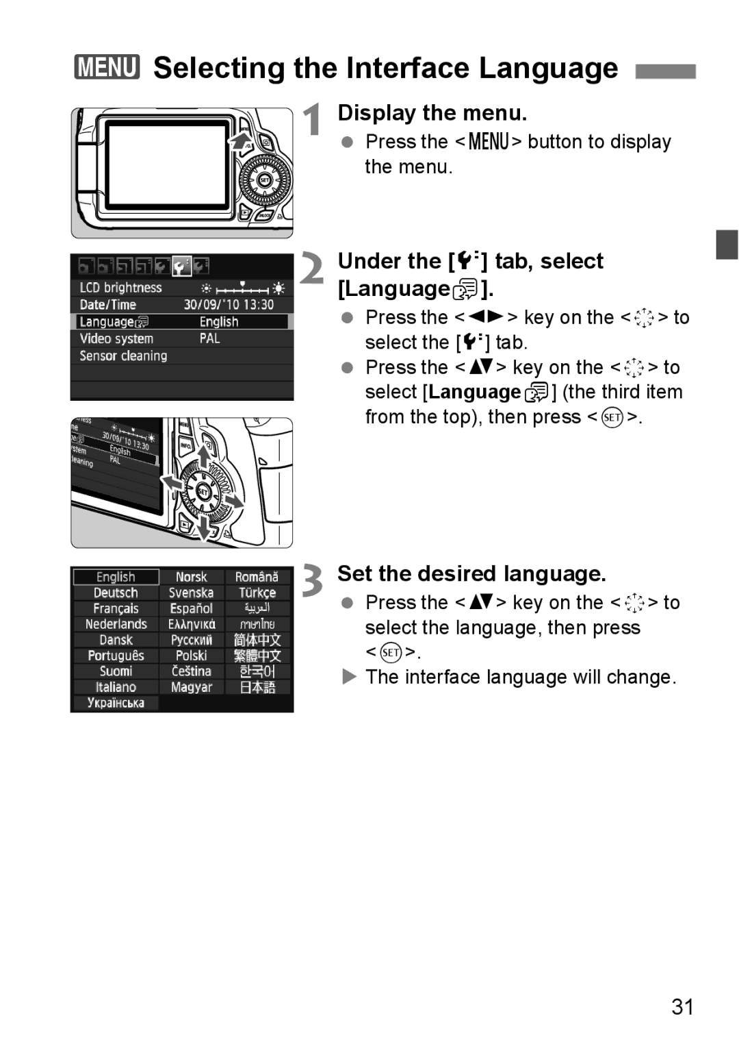 Canon 60D instruction manual 3Selecting the Interface Language, Under the 6 tab, select LanguageK, Set the desired language 