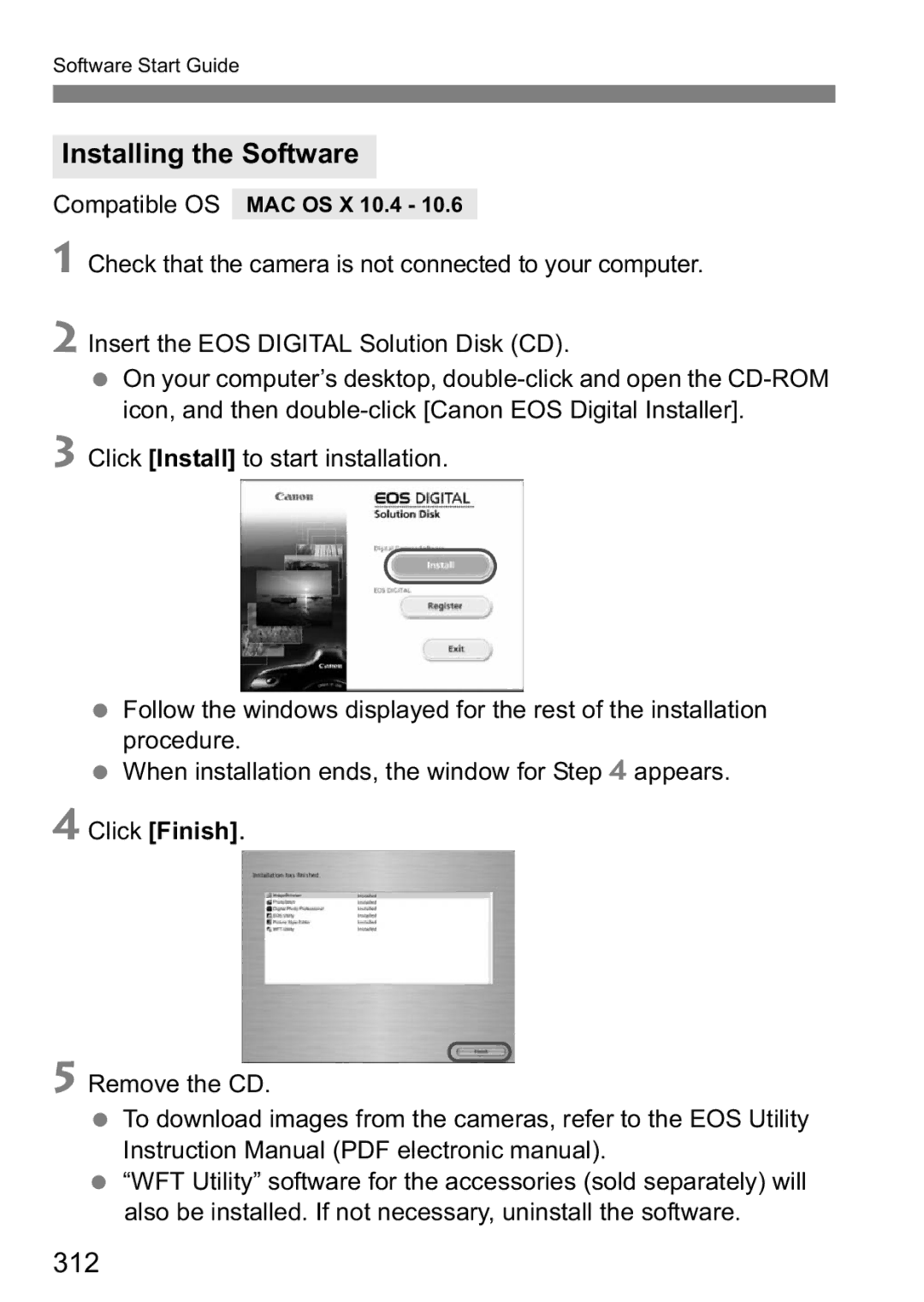 Canon 60D instruction manual 312, Click Finish, Compatible OS MAC OS X 10.4 