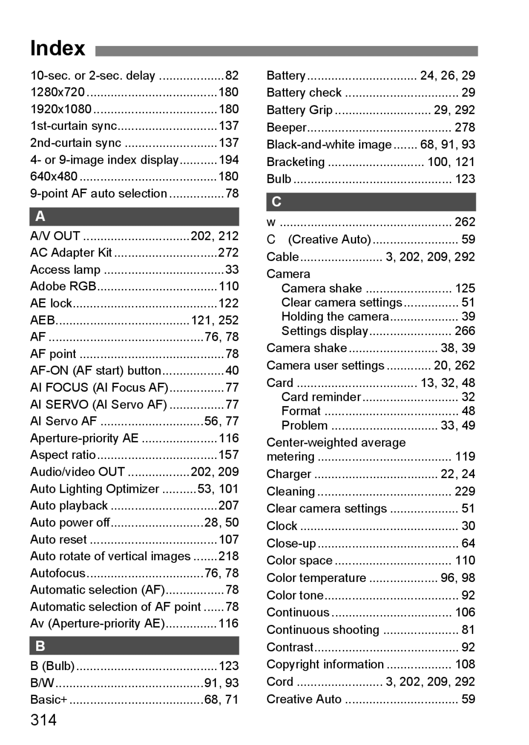 Canon 60D instruction manual Index, 314 