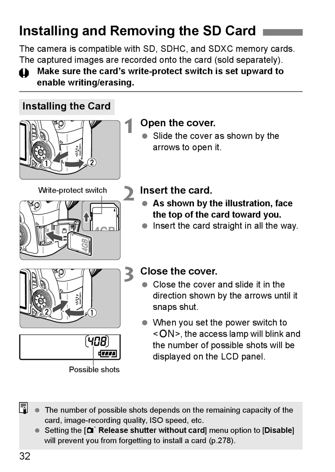 Canon 60D instruction manual Installing and Removing the SD Card, Installing the Card Open the cover, Insert the card 