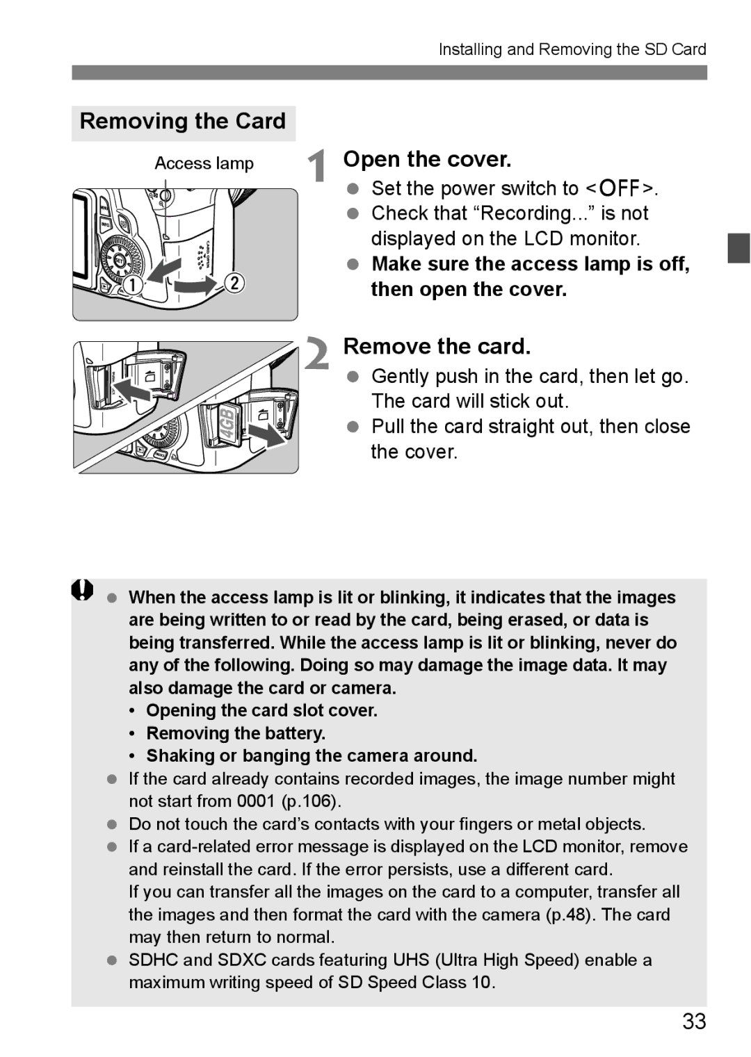 Canon 60D instruction manual Removing the Card, Remove the card, Then open the cover 