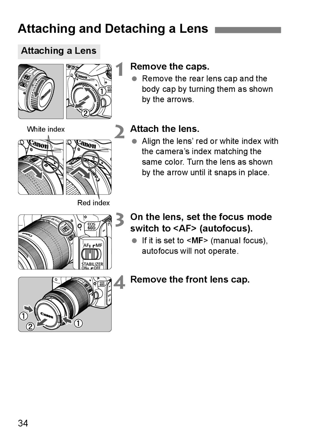 Canon 60D instruction manual Attaching and Detaching a Lens 