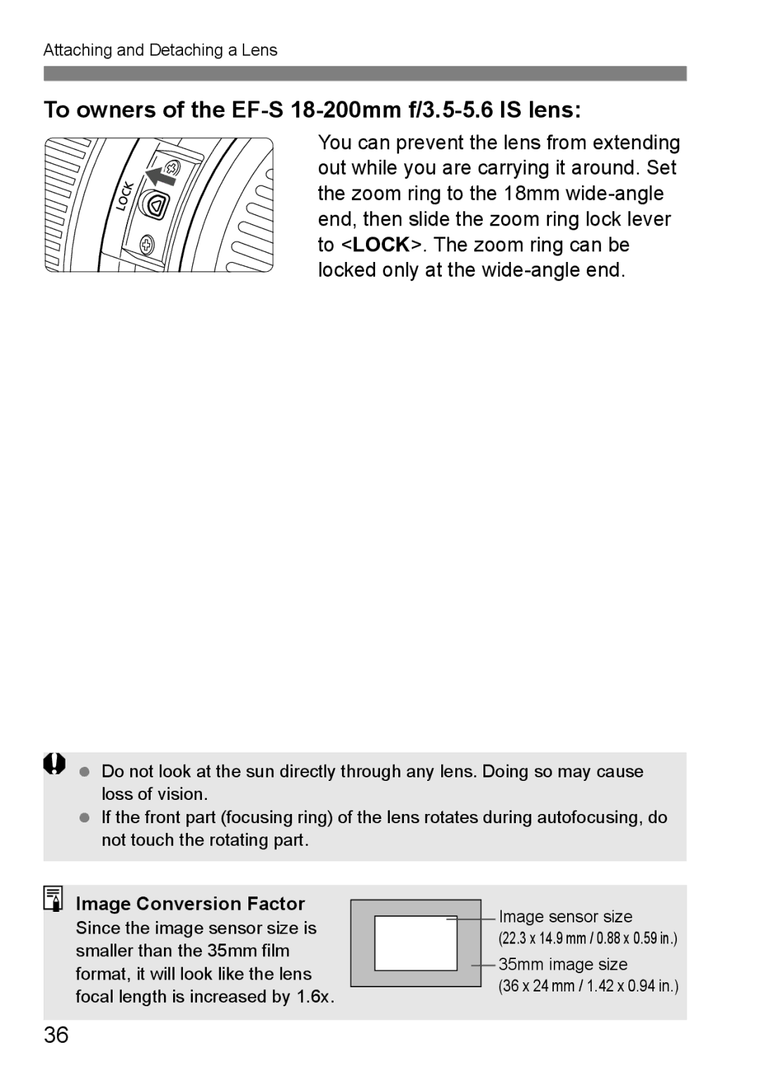 Canon 60D instruction manual To owners of the EF-S 18-200mm f/3.5-5.6 is lens, Image Conversion Factor 