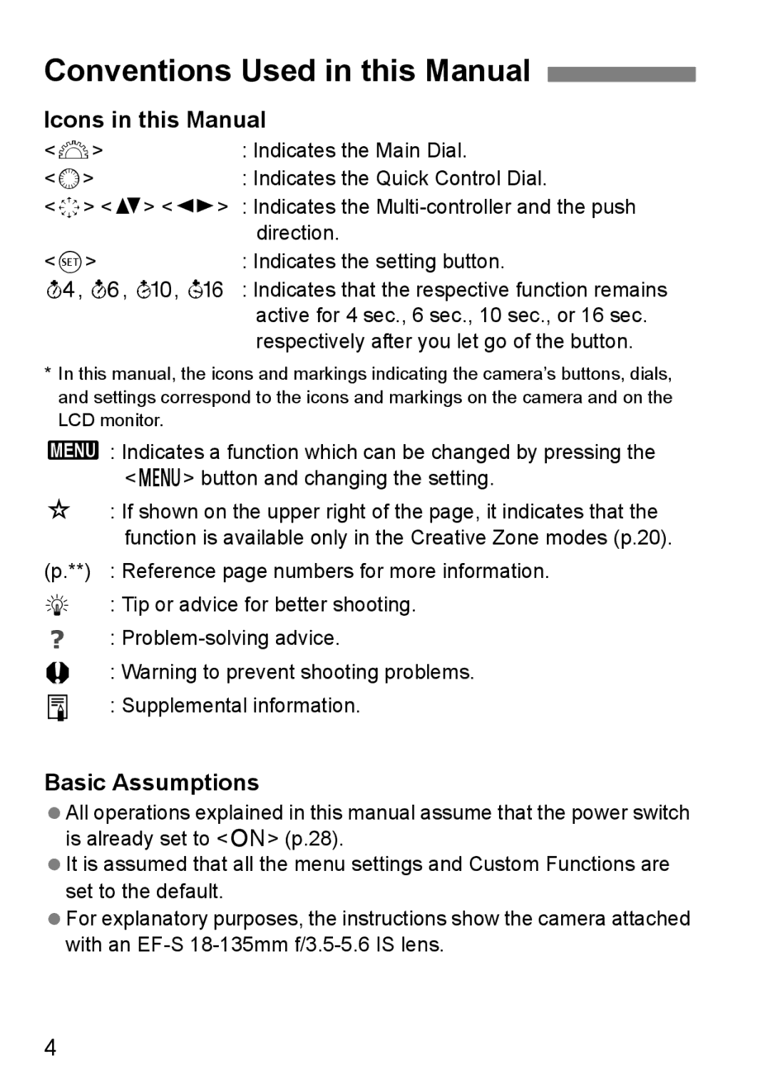 Canon 60D instruction manual Conventions Used in this Manual, Icons in this Manual, Basic Assumptions 