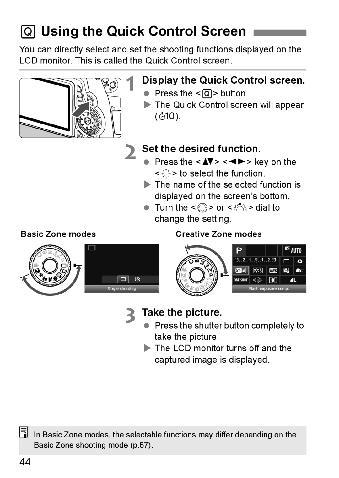 Canon 60D instruction manual QUsing the Quick Control Screen, Display the Quick Control screen, Set the desired function 