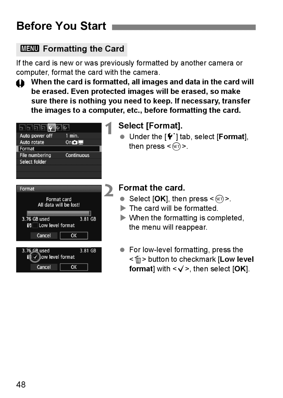 Canon 60D instruction manual Before You Start, 3Formatting the Card, Select Format, Format the card 