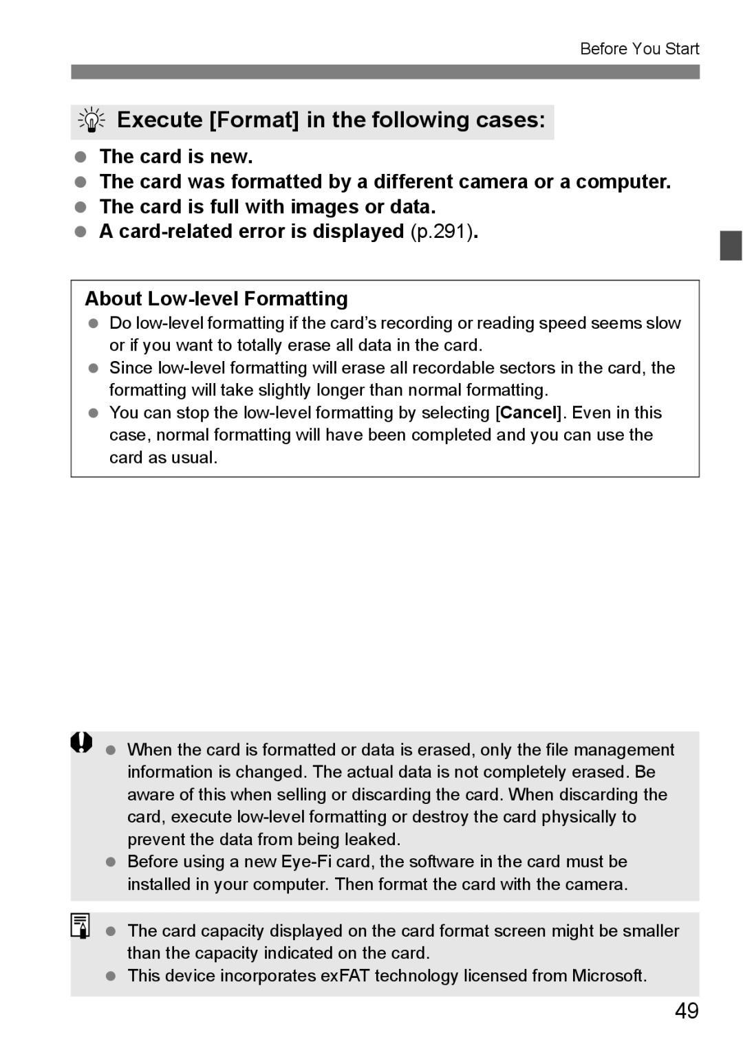 Canon 60D instruction manual Execute Format in the following cases 