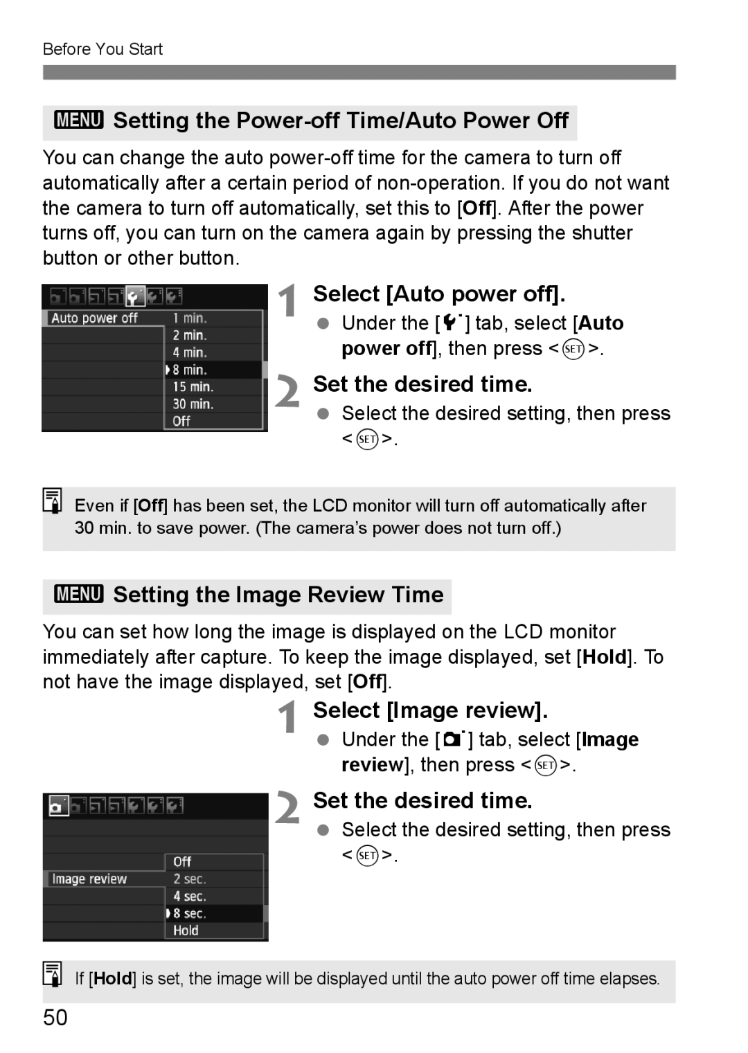 Canon 60D 3Setting the Power-off Time/Auto Power Off, Set the desired time, 3Setting the Image Review Time 