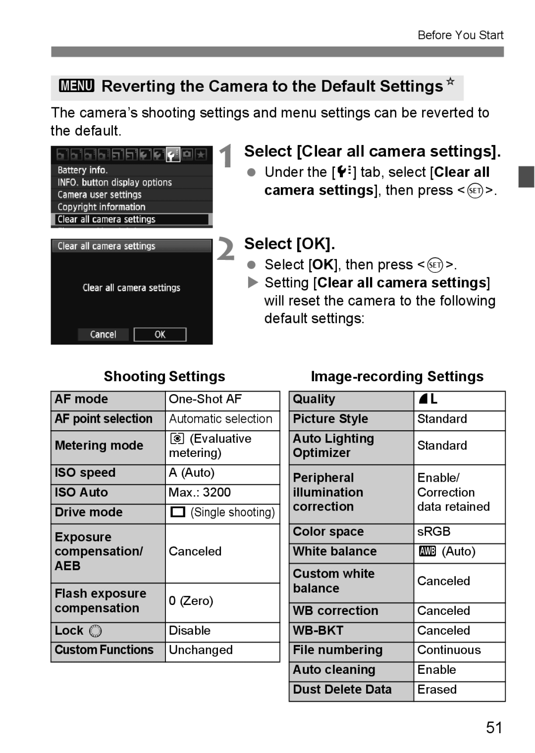 Canon 60D 3Reverting the Camera to the Default SettingsN, Select Clear all camera settings, Select OK, Shooting Settings 