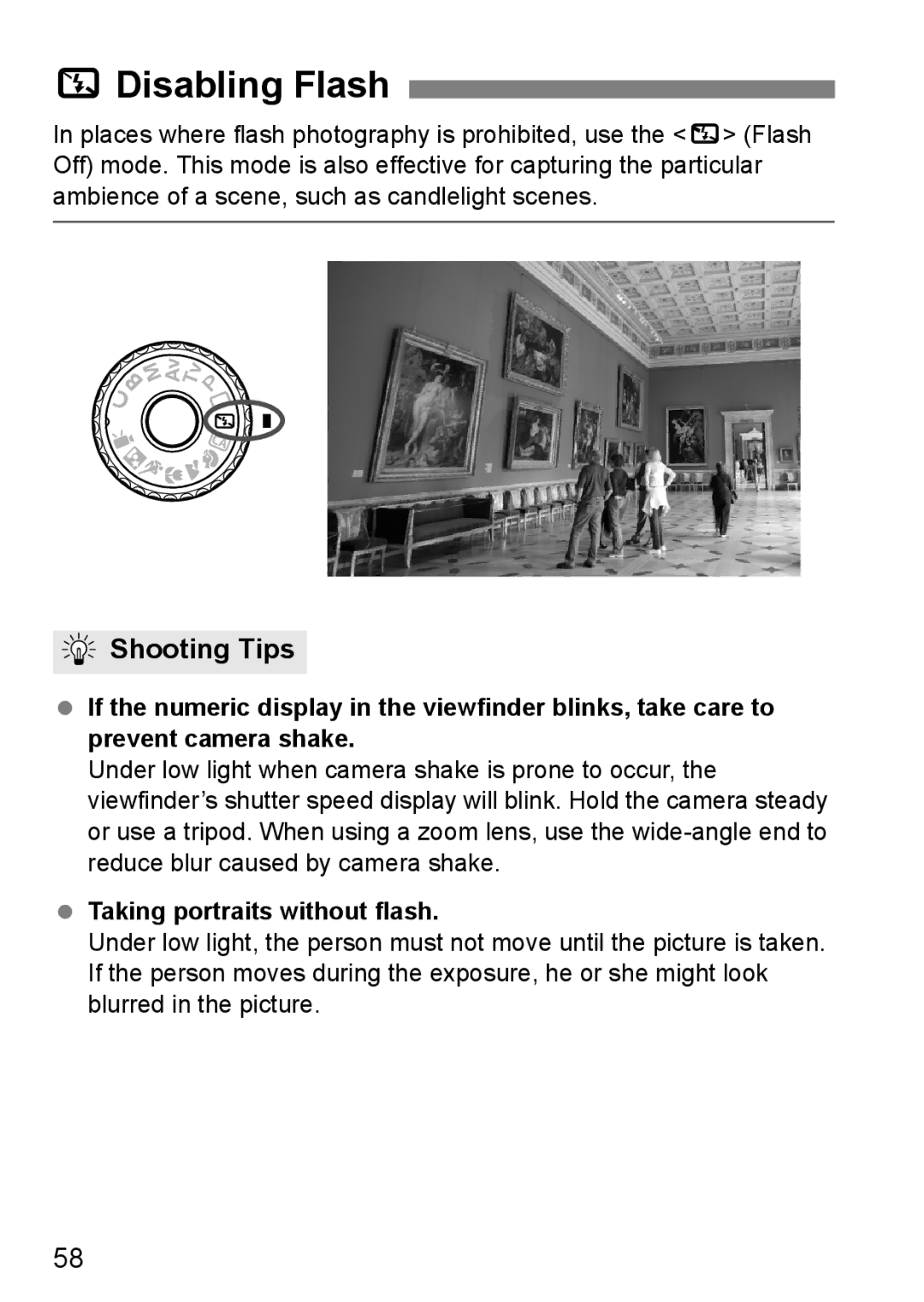 Canon 60D instruction manual 7Disabling Flash, Shooting Tips, Taking portraits without flash 