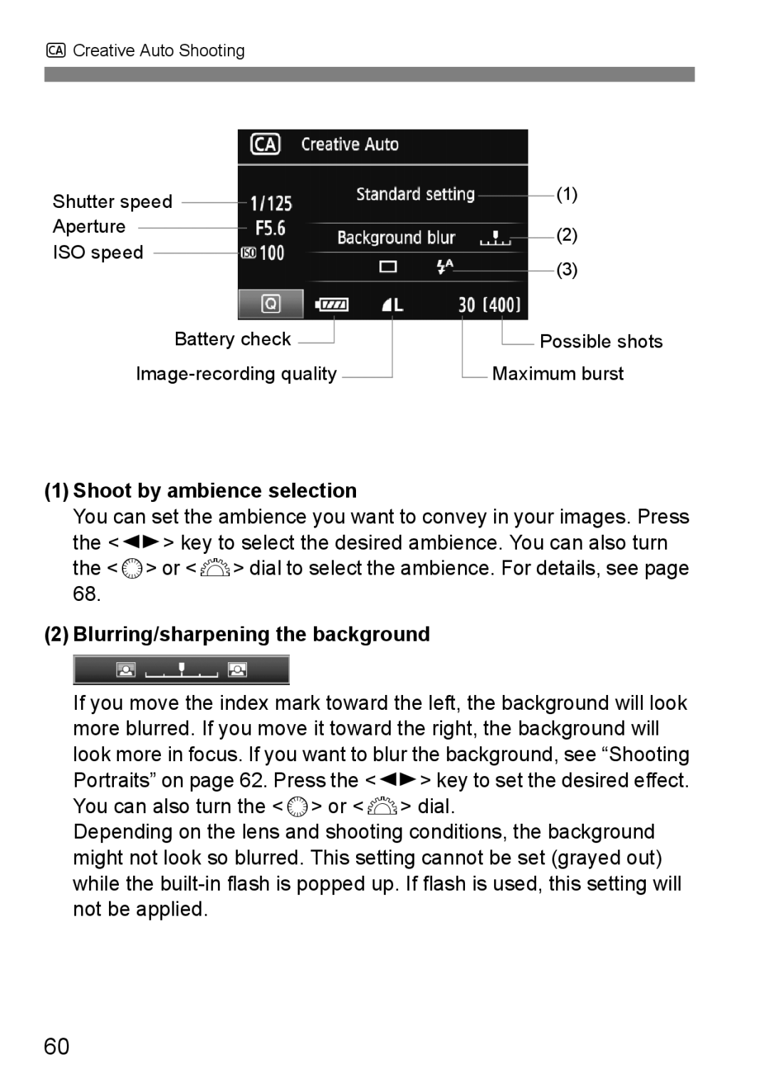 Canon 60D instruction manual Shoot by ambience selection, Blurring/sharpening the background 