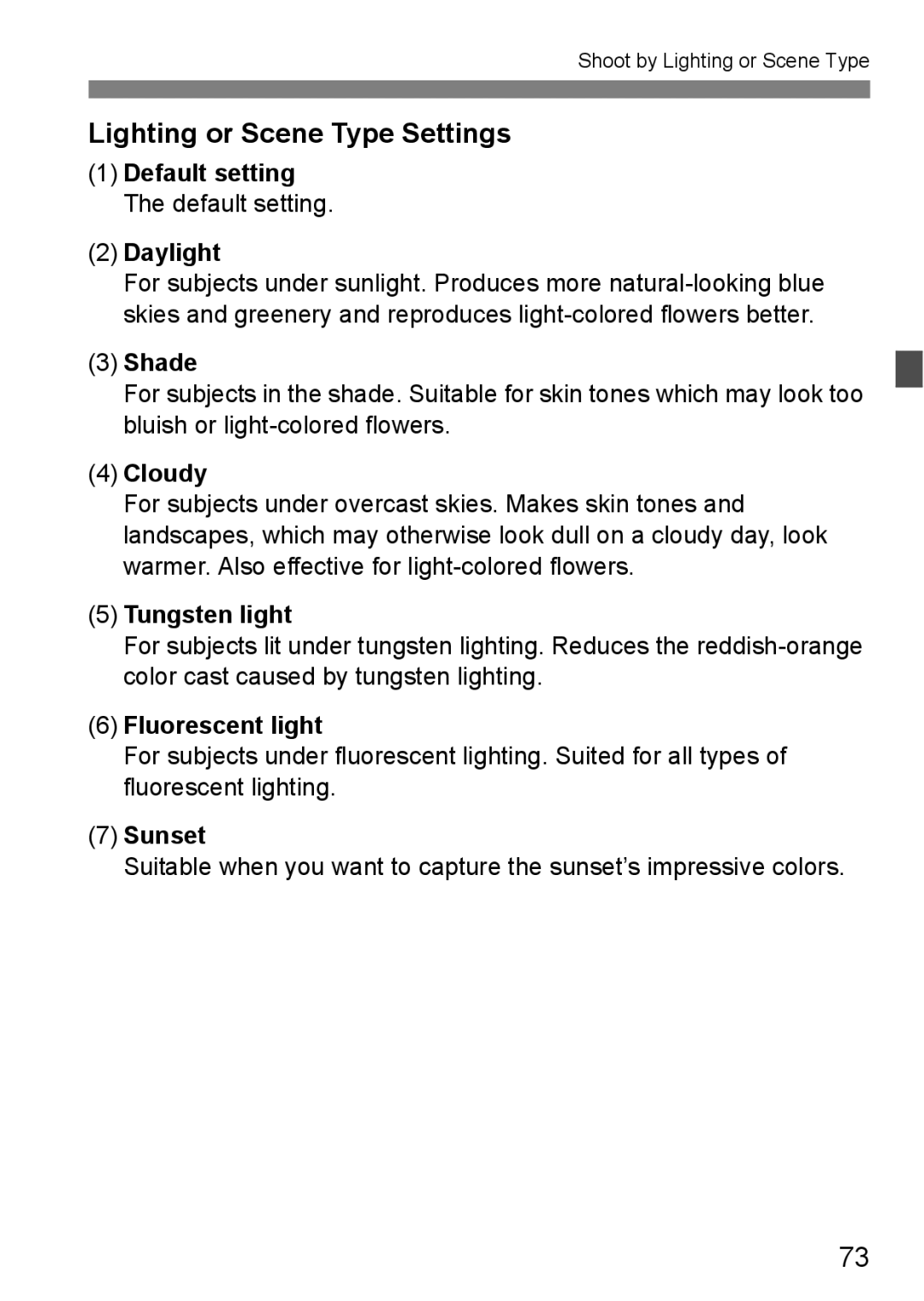 Canon 60D instruction manual Lighting or Scene Type Settings 