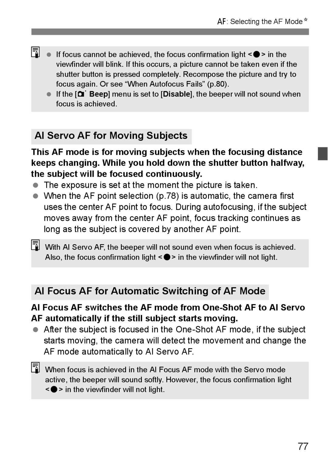 Canon 60D instruction manual AI Servo AF for Moving Subjects, AI Focus AF for Automatic Switching of AF Mode 