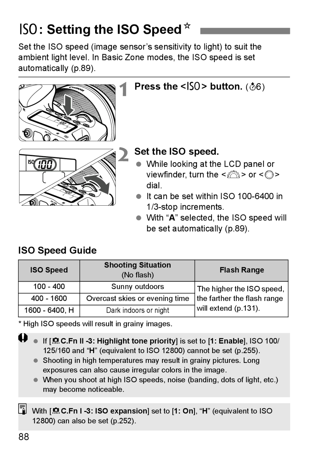 Canon 60D instruction manual Setting the ISO SpeedN, Press the i button Set the ISO speed, ISO Speed Guide, Flash Range 