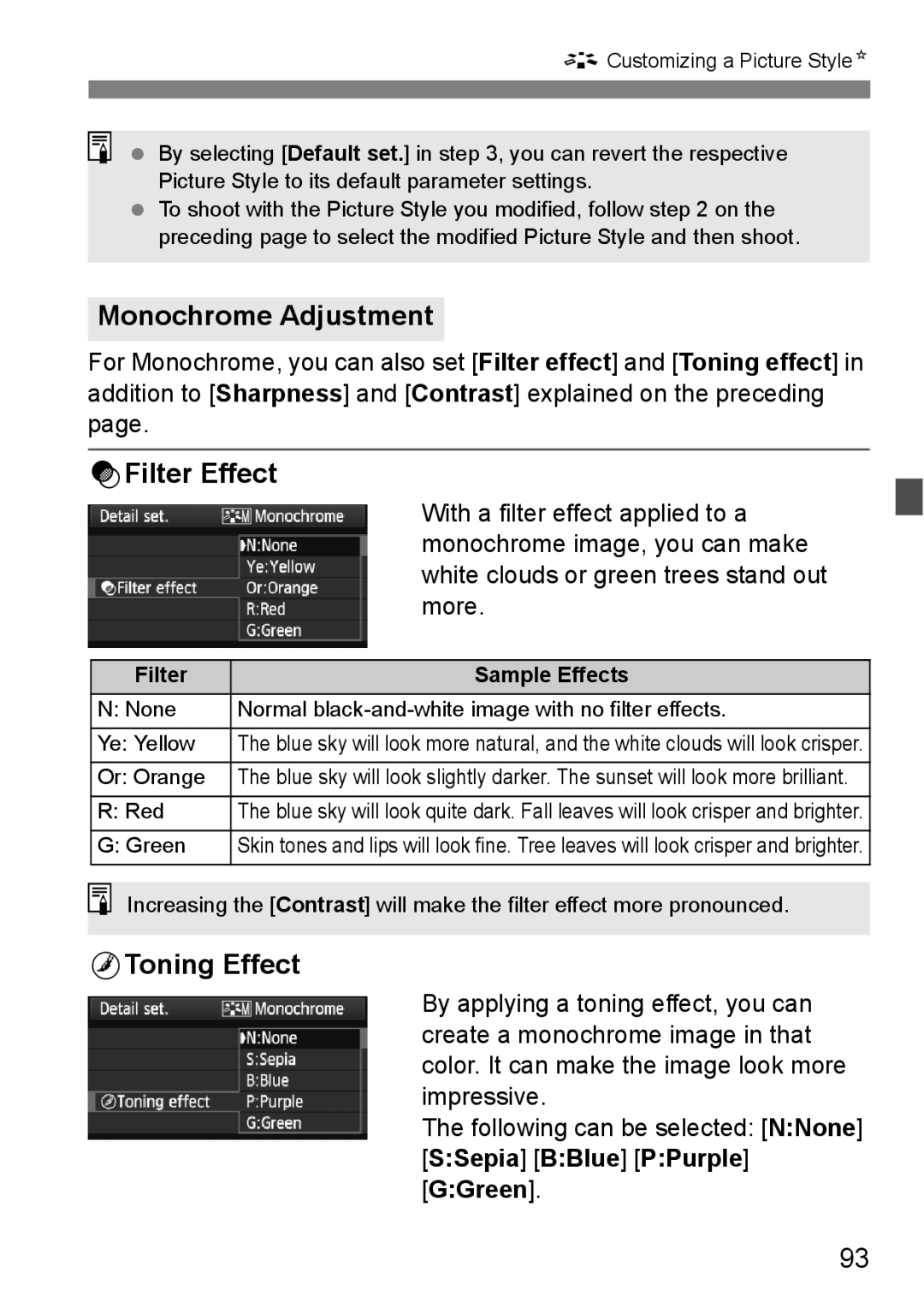 Canon 60D instruction manual Monochrome Adjustment, KFilter Effect, LToning Effect 