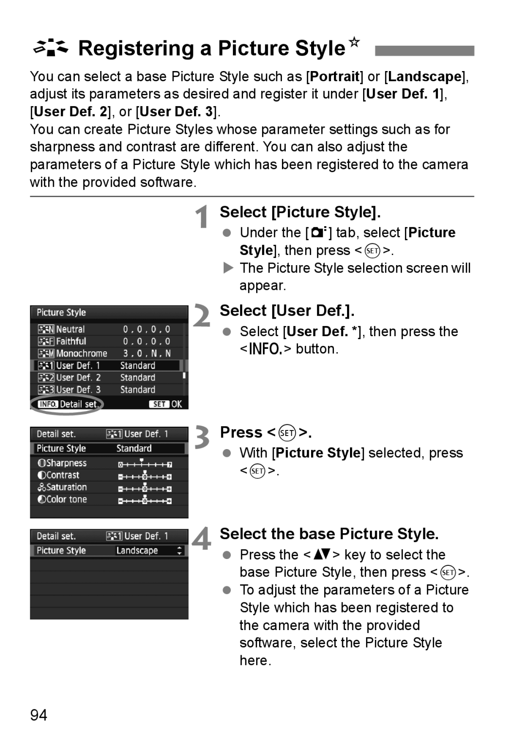 Canon 60D instruction manual ARegistering a Picture StyleN, Select User Def, Press, Select the base Picture Style 