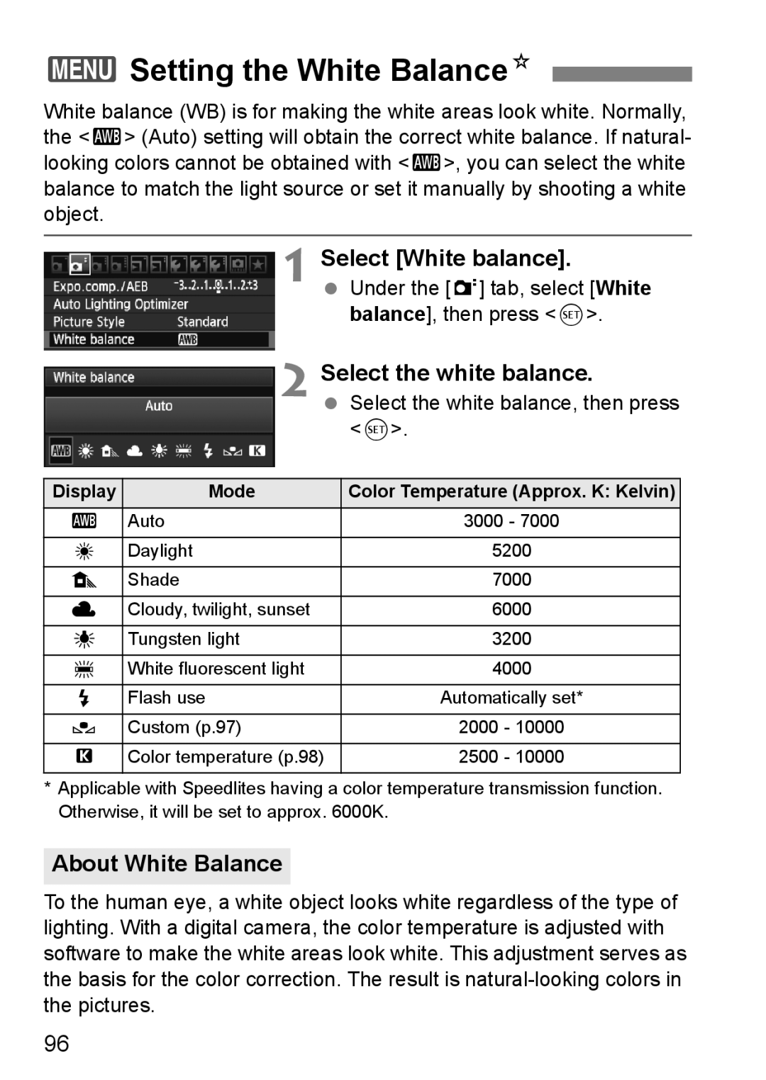 Canon 60D 3Setting the White BalanceN, Select White balance, Select the white balance, About White Balance 