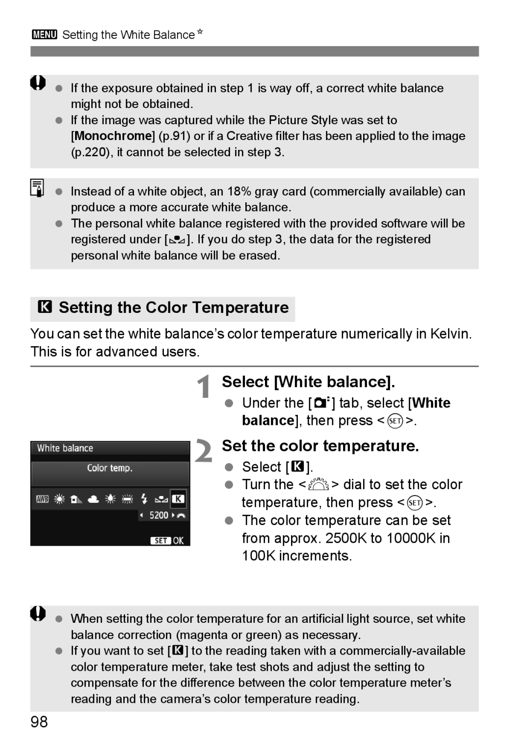 Canon 60D instruction manual PSetting the Color Temperature 