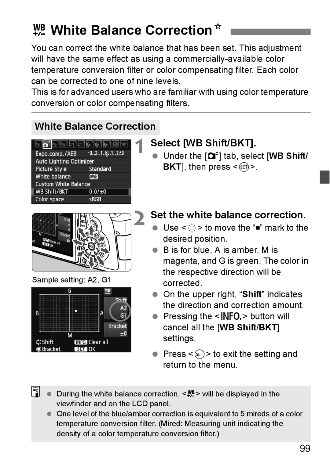 Canon 60D UWhite Balance CorrectionN, White Balance Correction Select WB Shift/BKT, Set the white balance correction 