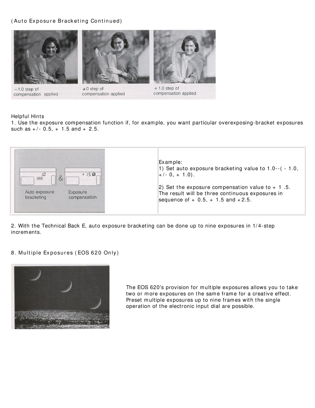 Canon 620-650 manual Auto Exposure Bracketing, Multiple Exposures EOS 620 Only 