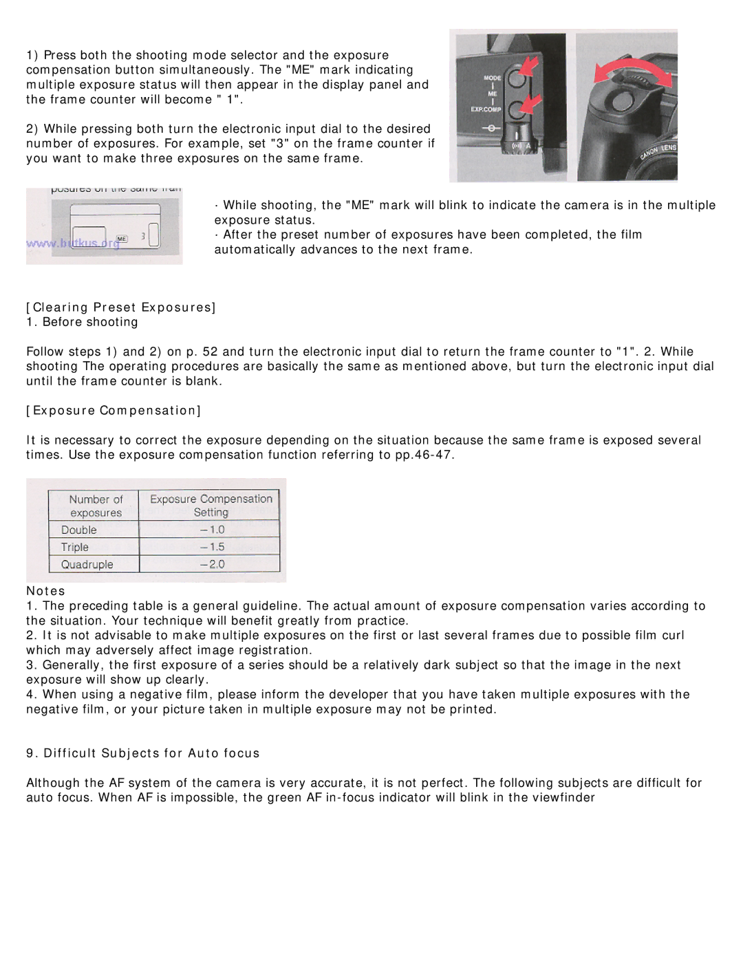 Canon 620-650 manual Clearing Preset Exposures 1. Before shooting, Difficult Subjects for Auto focus 