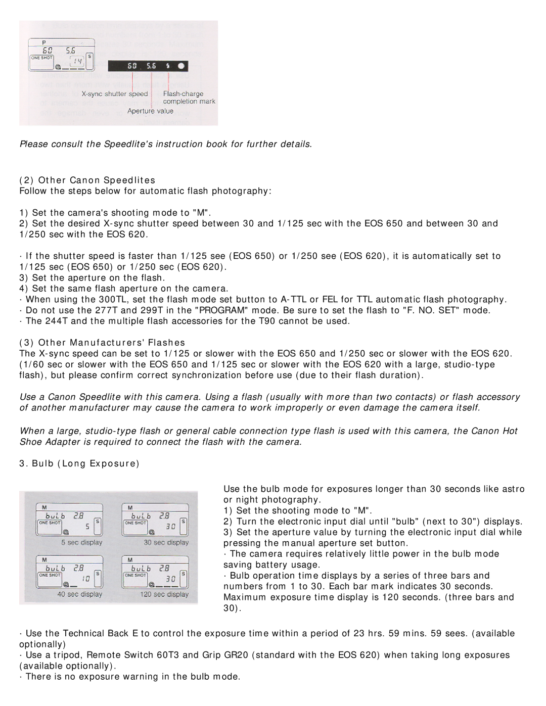 Canon 620-650 manual Other Canon Speedlites, Other Manufacturers Flashes, Bulb Long Exposure 