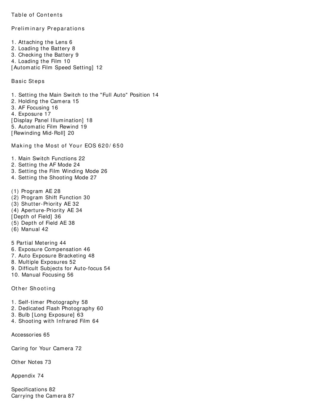 Canon 620-650 Table of Contents Preliminary Preparations, Basic Steps, Making the Most of Your EOS 620/650, Other Shooting 