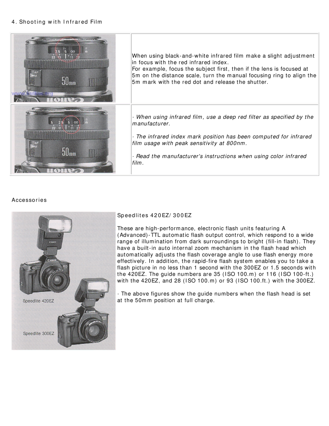 Canon 620-650 manual Shooting with Infrared Film, Accessories Speedlites 420EZ/300EZ 