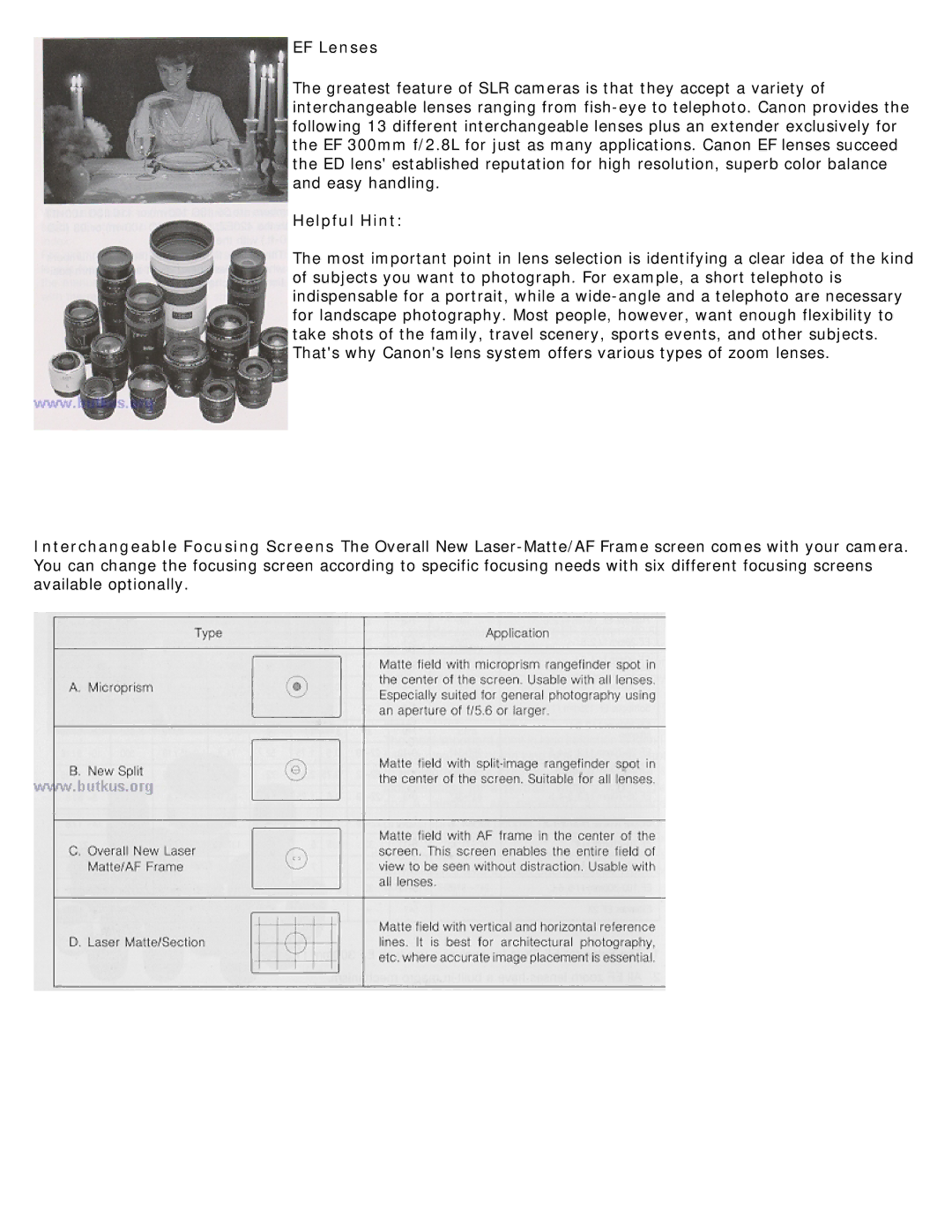 Canon 620-650 manual EF Lenses, Helpful Hint 