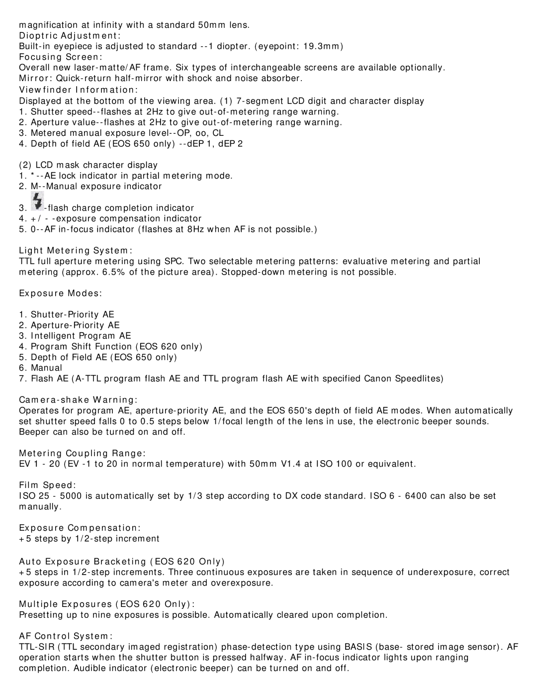 Canon 620-650 manual Dioptric Adjustment, Focusing Screen, Viewfinder Information, Light Metering System, Exposure Modes 