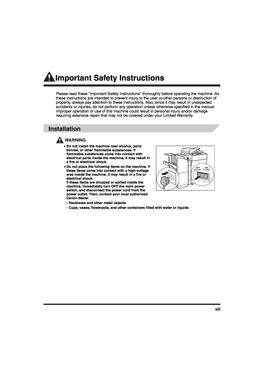 Canon iR6570 manual Important Safety Instructions, Installation, xiii 