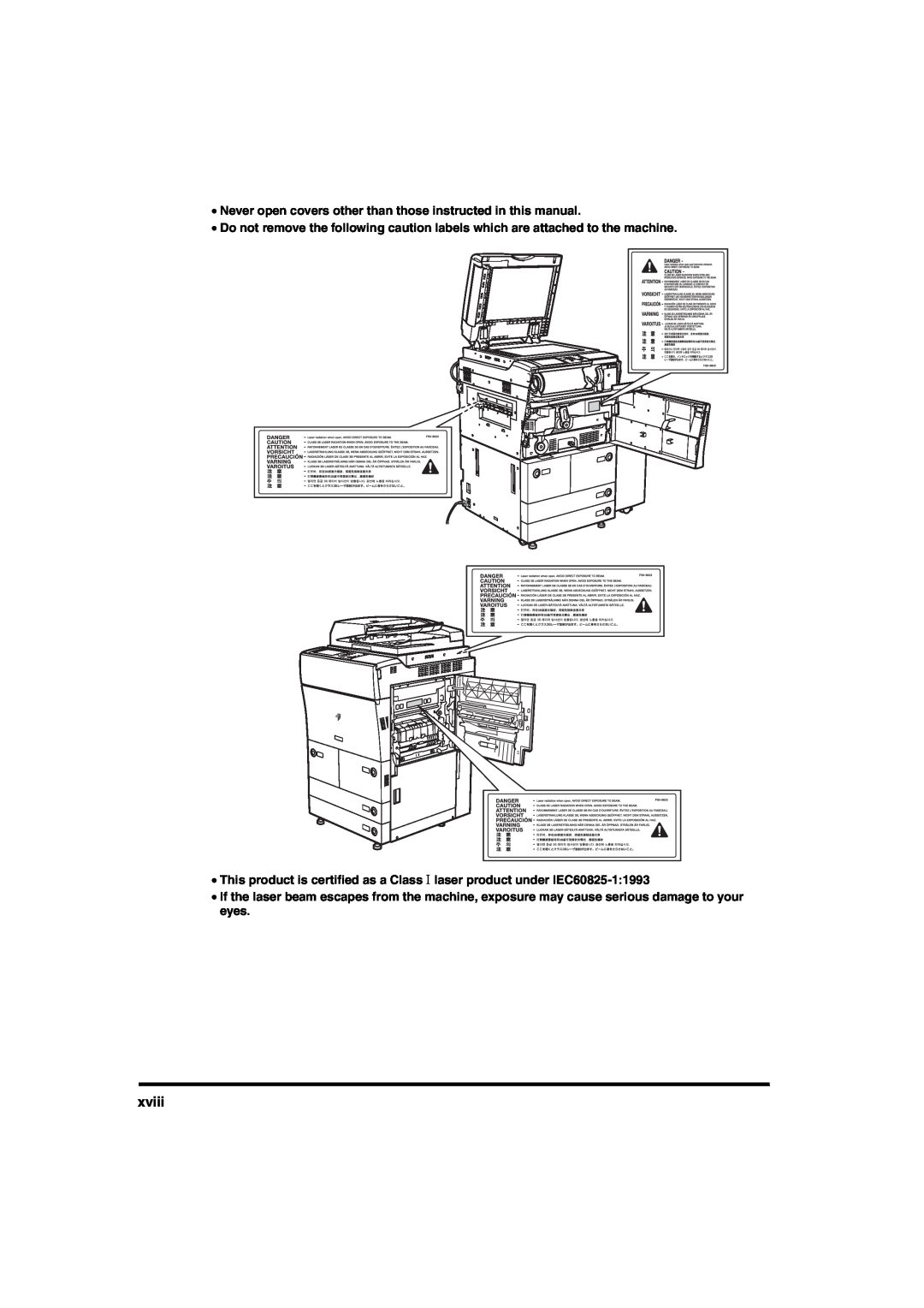 Canon iR6570 xviii, Never open covers other than those instructed in this manual 