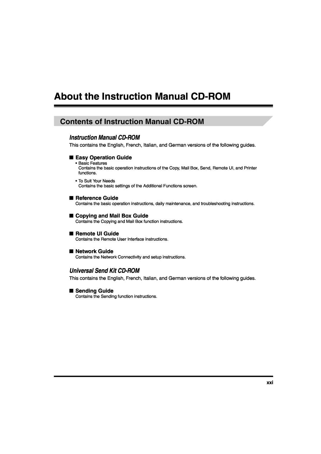 Canon iR6570 manual About the Instruction Manual CD-ROM, Contents of Instruction Manual CD-ROM, Universal Send Kit CD-ROM 