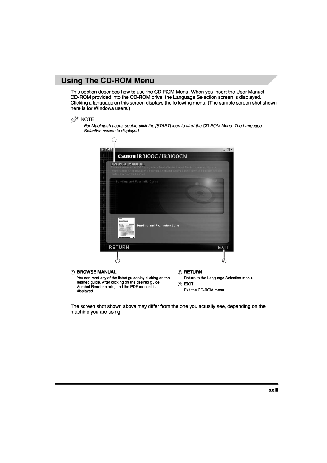 Canon iR6570 manual Using The CD-ROM Menu, xxiii, a BROWSE MANUAL, b RETURN, c EXIT 