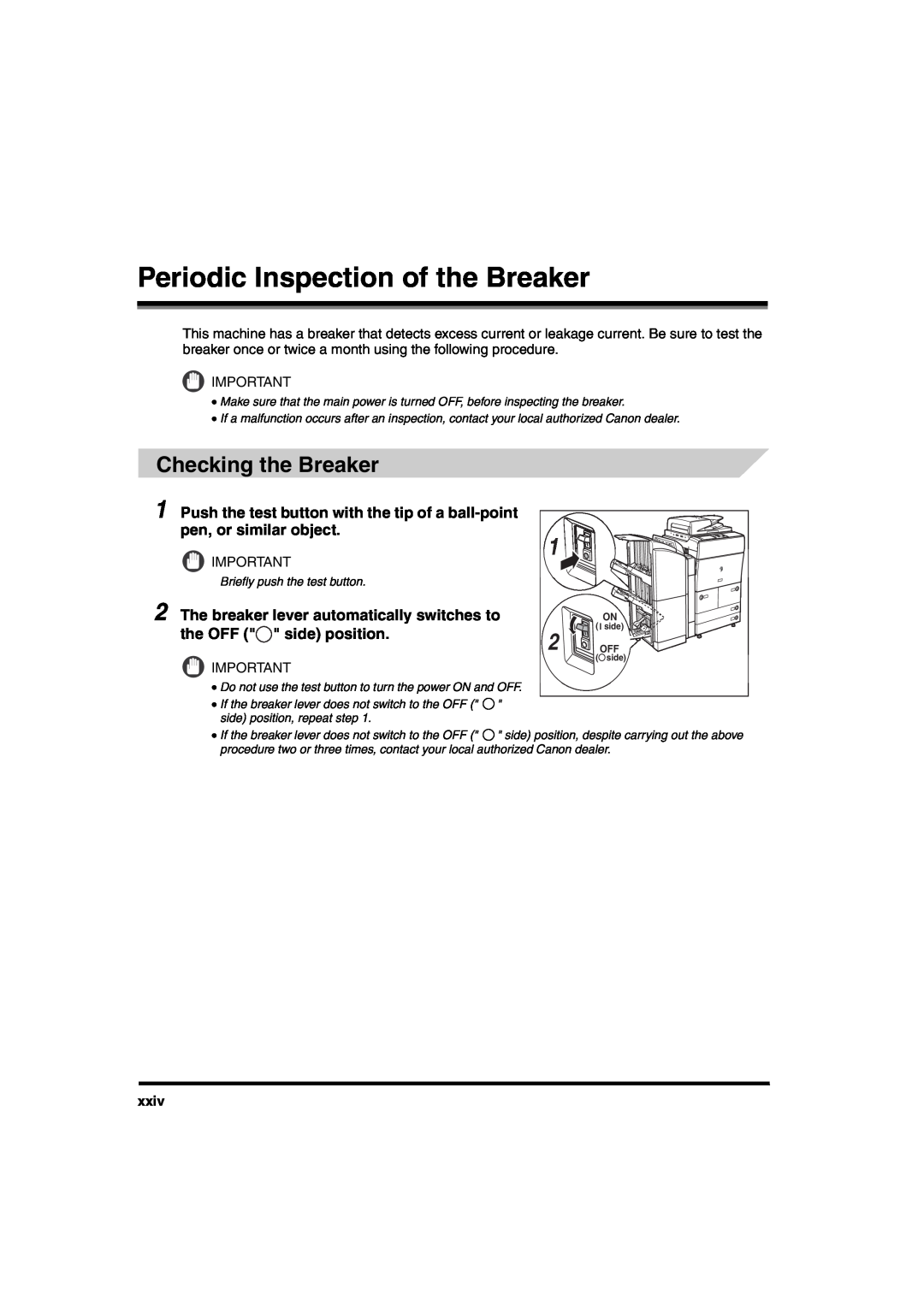Canon iR6570 manual Periodic Inspection of the Breaker, Checking the Breaker, xxiv 