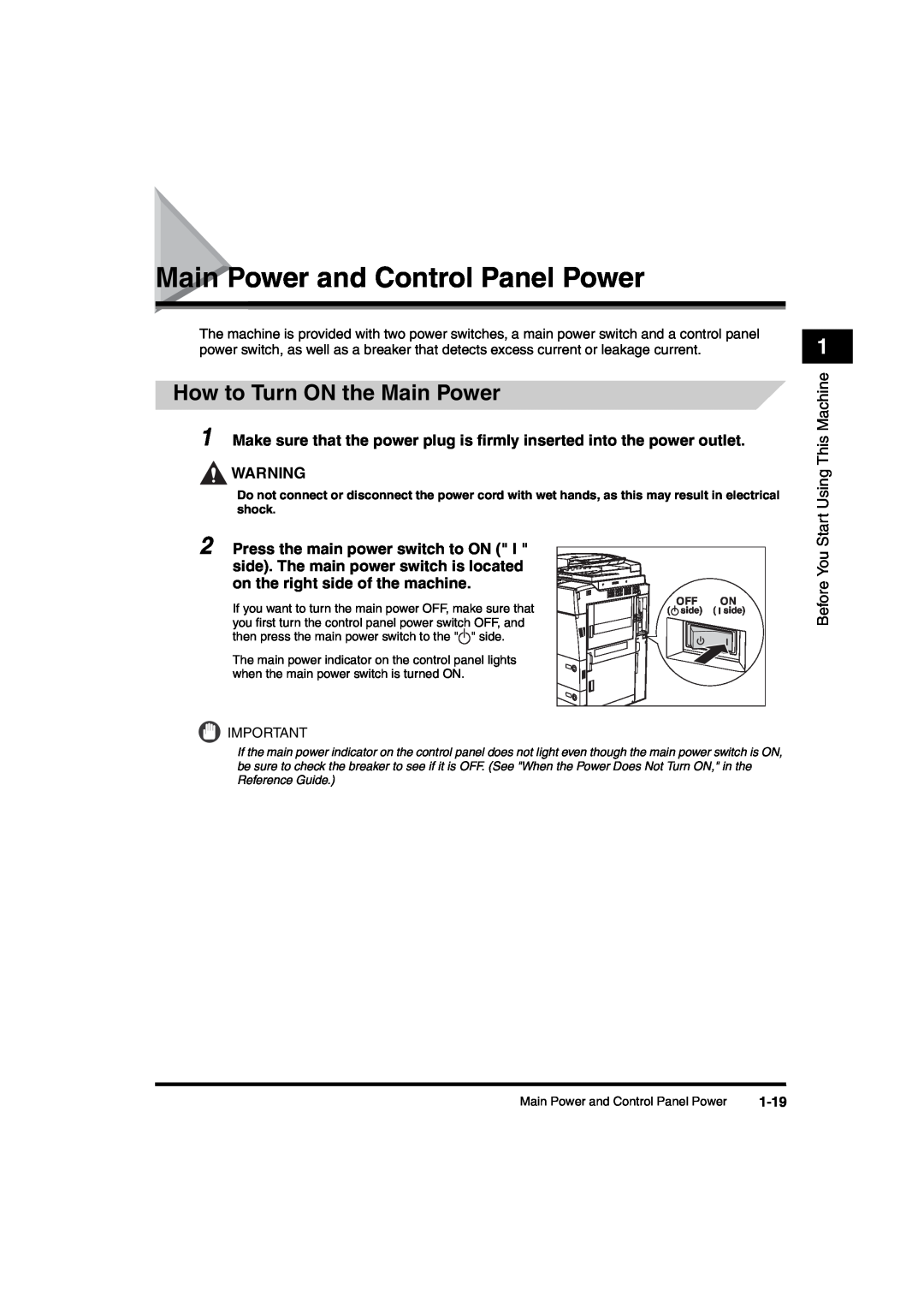 Canon iR6570 manual Main Power and Control Panel Power, How to Turn ON the Main Power 