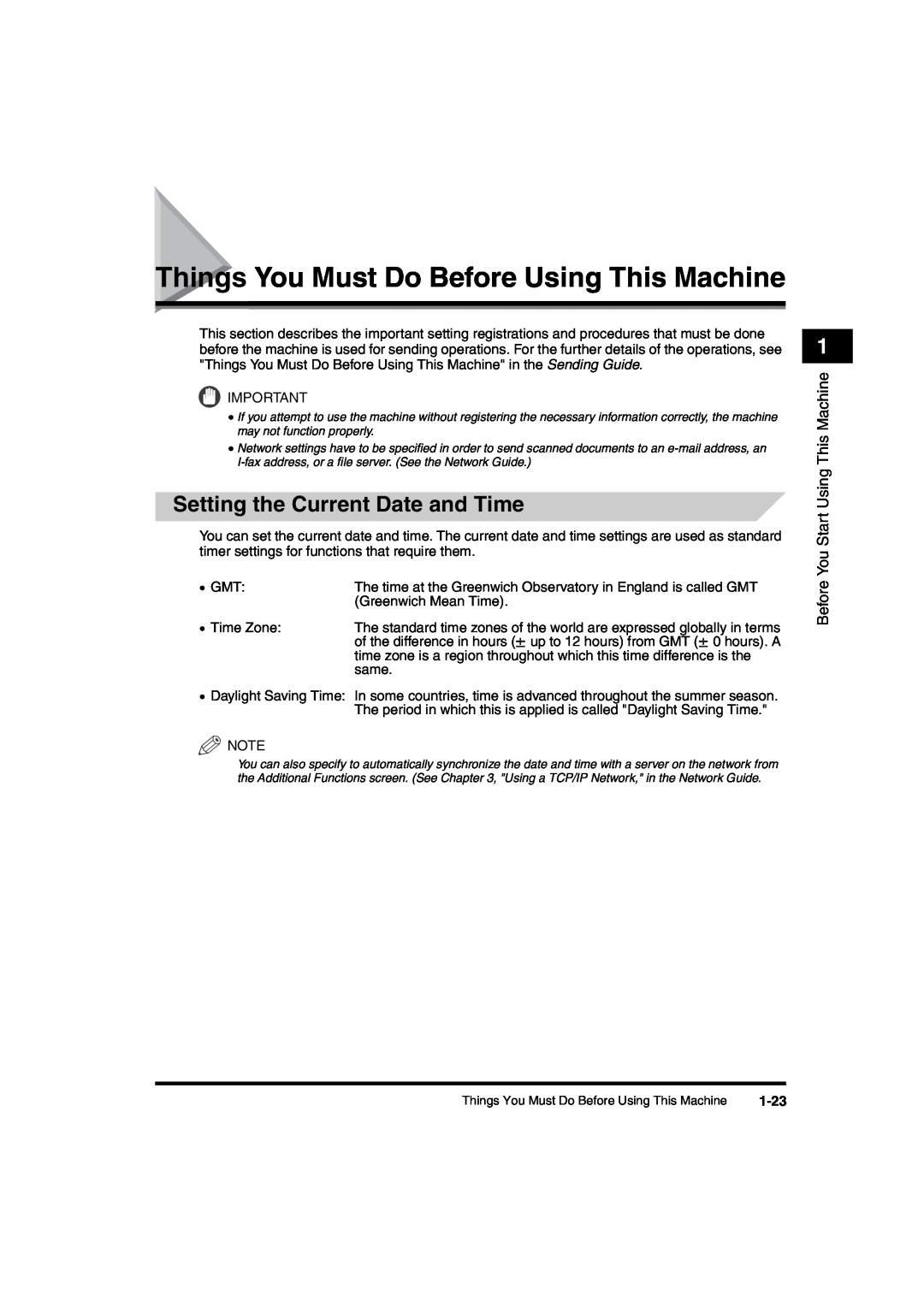 Canon iR6570 manual Things You Must Do Before Using This Machine, Setting the Current Date and Time, 1-23 